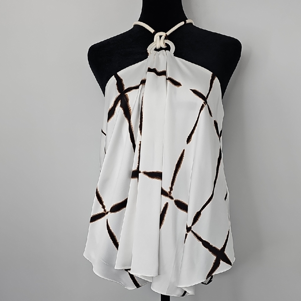 WHBM Ring Detail Swing Halter Top Ink Grid Ecru‎ Y2K Sz:L